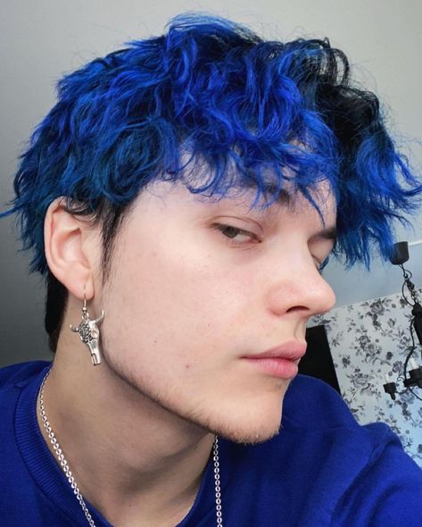 Colorful Hair Men, Blue Mens Hair, Trans Haircut Ftm Short, Men’s Colored Hair, Blue Hair Color Men, Man Dyed Hair, Men’s Dyed Hair Ideas, Men Blue Hair, Male Hair Dye Ideas