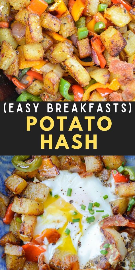 This delicious Potato Hash Recipe is perfect for a weekend breakfast! Crispy bacon and potatoes are cooked with tender peppers and onions for a breakfast skillet packed with flavor. Bacon And Potatoes, Healthy Recipes Breakfast, Potato Hash Recipe, Potato Breakfast Recipes, Veggie Breakfast, Hash Recipe, Breakfast Skillet, Potato Hash, Breakfast Potatoes