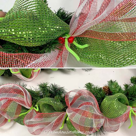 How to tie red and white deco mesh to the garland How To Make Garland With Ribbon, How To Add Ribbon To Garland, Deco Mesh Garland Tutorial, Grinch Garland Diy, Deco Mesh Christmas Garland, Ribbon Garland Diy, Holiday Garland Diy, Grinch Garland, Diy Christmas Ribbon