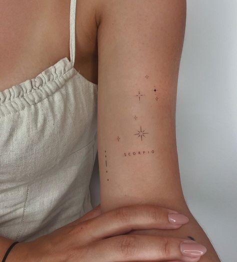 Scorpio word and constellation tattoo on the inner arm Delicate Tattoos For Women Inspiration, Tato Jari, Scorpio Tattoo, Writing Tattoos, Small Pretty Tattoos, Tasteful Tattoos, Petite Tattoos, Cute Tiny Tattoos, Alcohol Bottles