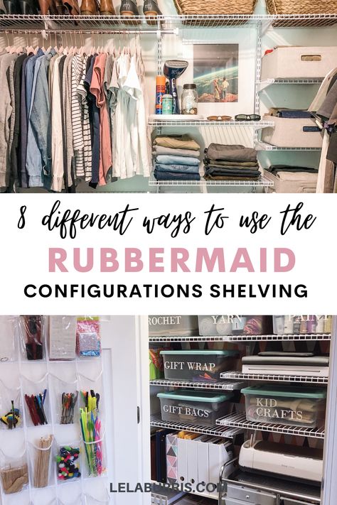 how to use @rubbermaid adjustable closet systems 8 different ways (not just for clothes!) Wire Shelf Walk In Closet, Wire Shelf Closet Organization, Wire Closet Organization Ideas, Rubbermaid Closet System, Closet System Ideas, Closet Layouts, Rubbermaid Closet Organizer, Rubbermaid Closet, Wire Closet Organizers