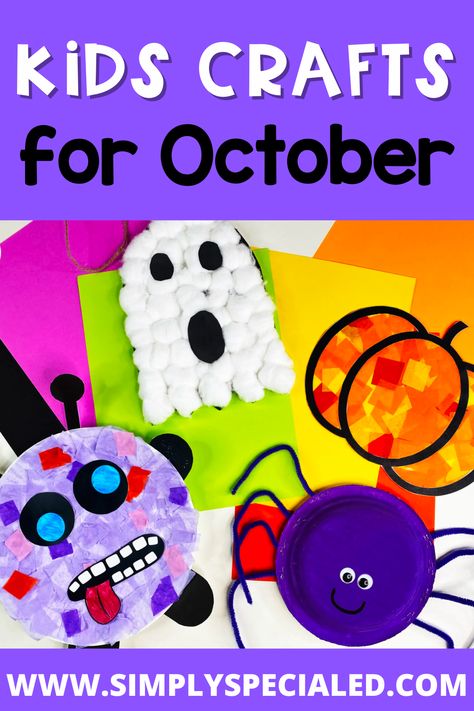 This blog is your stop for crafts for kids in October. Your elementary students and special education students will love these fun crafts for kids. These crafts for kids have visual directions and are simple crafts for kids. Inside this blog, there are spider craft, a ghost craft, a pumpkin craft, and a monster craft. These hands-on learning activities will help keep students engaged and meet their special education goals. You will love hanging these on your elementary school bulletin boards. October Special Education Activities, Special Education Crafts Art Ideas, Special Education Crafts, Crafts For October, Crazy Classroom, Elementary School Crafts, Halloween School Crafts, Childcare Crafts, Morning Centers