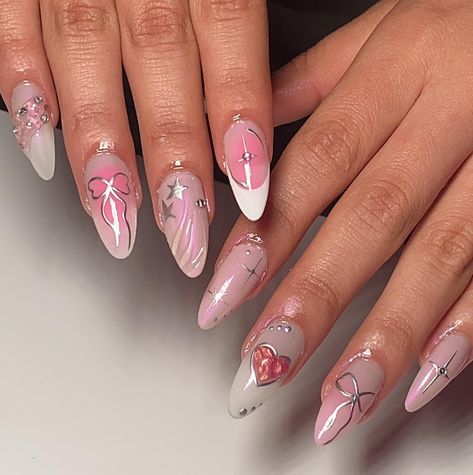 ⋆𐙚₊˚⊹♡ pretty in pink — birthday set <3 i am so honored when u guys come to me to get ur bday sets and im grateful to have a tiny part in celebrating another year of ur life ᯓ★ — medium almond — inspo: off pinterest #gelx #apres #mediumnails #almondnails #pinknails #pink #ribbonnails #3dnails #gelextensions #chromenails #chrome #lanails #nailart #nailartist #losangeles #lynwood #90262 Apres Gel X Nails Almond, Nails For 18th Birthday, 18th Bday Nails, Pretty In Pink Birthday, Ribbon Nails, Biab Nails, La Nails, Medium Almond, Anime Nails