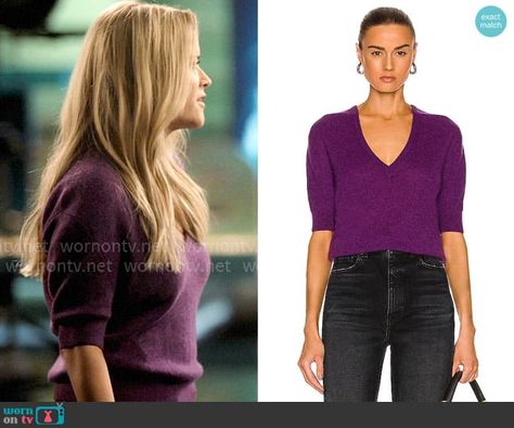 Bradley’s purple v-neck sweater on The Morning Show. Outfit Details: https://wornontv.net/393145/ Purple V Neck Sweater Outfit, The Morning Show Outfits, Bradley Jackson, Purple Sweater Outfit, The Morning Show, Sweater Outfit, Morning Show, Wrap Shirt, Detailed Sweater