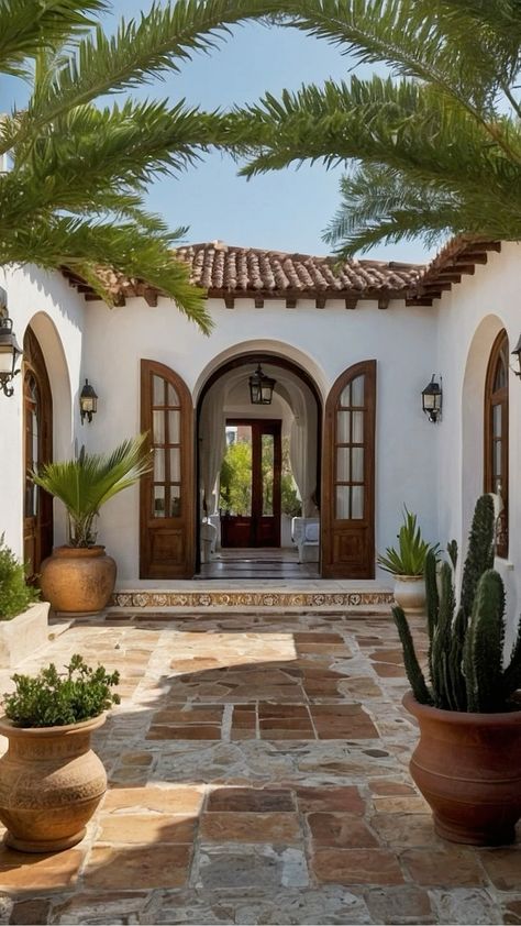 Modern Tuscan Architecture, Tuscan Boho Decor, Homes With A Courtyard, Tuscan Home Design, Small Mediterranean Homes Exterior, One Story Mediterranean Homes, Italian Inspired Interior Design, Spanish Home Interior Design, Mediterranean Home Decor Tuscan Style