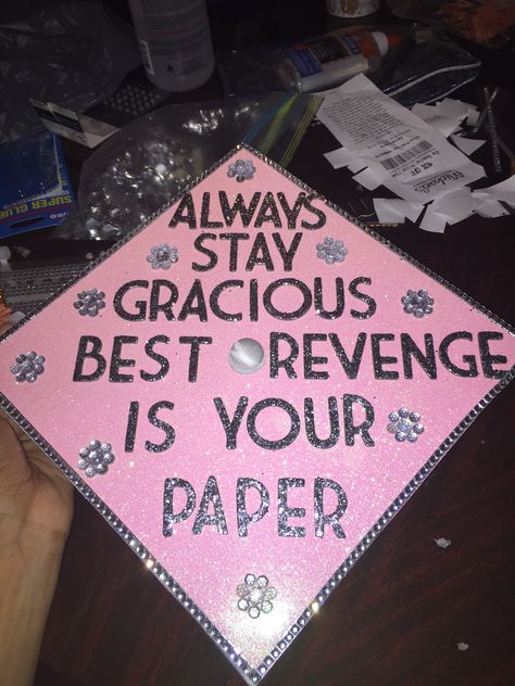 “Always Stay Gracious Best Revenge Is Your Paper”👩🏽‍🎓📜 Beyoncé inspired graduation cap done by me🥰 Beyonce Graduation Cap, Nicki Minaj Graduation Cap, Always Stay Gracious Best Revenge, Best Revenge Is Your Paper, Graduation Photo Boards, Res Life Bulletin Boards, Graduation Hats, Best Revenge, Graduation Party Diy