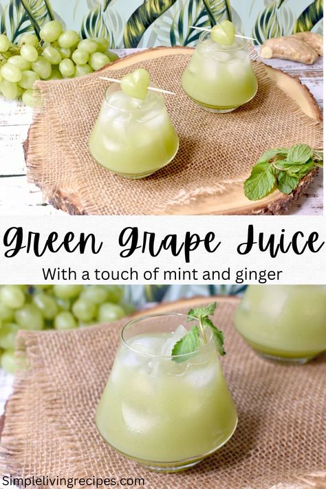 Green grape juice in two glass cups, with green grapes and mint leaves garnishing. Green Grapes Juice Recipe, Recipes Using Green Grapes, Green Grape Dessert, Grape Drink Recipes, What To Do With Green Grapes, Green Grape Recipes Ideas, Recipes With Green Grapes, Green Grape Recipes, Grape Recipes Ideas