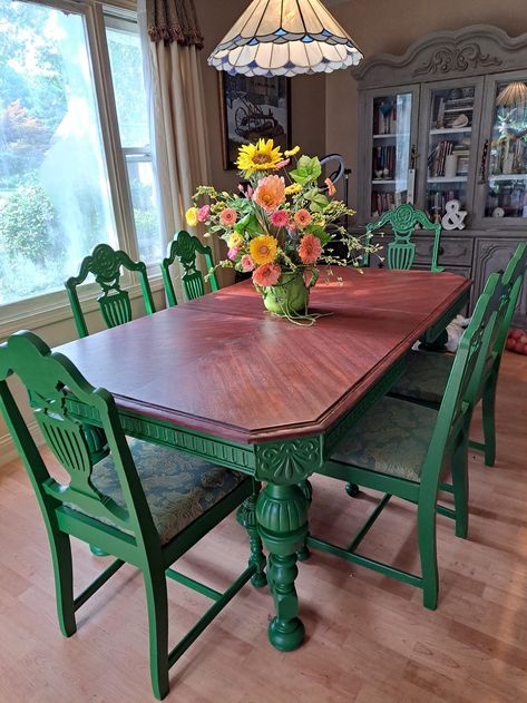 RARE FIND. Vintage Jacobean dining table with 5 chairs plus1 captain's chair. Made of solid walnut. Top is cross-cut design and refinished with food safe and water stain safe finish. Newly re-upholstered chairs. Expandable leaf lifts up from bottom of tabletop. Local pickup only. Chair Update Diy, 20 Person Thanksgiving Table, Reholster Dining Chair, Antique Table And Chairs Makeover, Eclectic Kitchen Table And Chairs, Colorful Dining Room Table, Mexican Dining Room Hacienda Style, Repurposed Dining Chairs, Painted Dinner Table