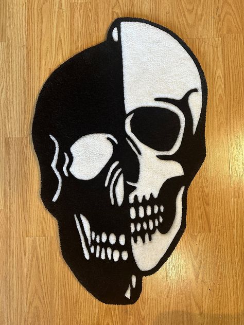 "2 faced skull rug. This skull rug was tufted and carved by hand.  All rugs features double reenforced edges and a primary felt backing cloth for added durability. tufted rugs can be used like traditional rugs or as wall hanging, desk decor, and more! This rug is 31.5\"x18.5\" *RUG IS READY TO SHIP*" Spooky Rugs, Gothic Rugs, Skull Bedroom, Hanging Desk, Halloween Rugs, Sunflower Room, Tufting Ideas, Tufting Diy, Grunge Bedroom