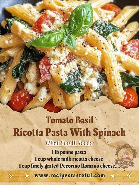 Tomato Basil Ricotta Pasta With Spinach, Ricotta Spinach Pasta, Tomato Ricotta Pasta, Tomato Spinach Pasta, Ricotta Pasta Recipes, Basil Pasta Recipes, Ricotta Sauce, Ricotta Cheese Recipes, Pasta With Spinach