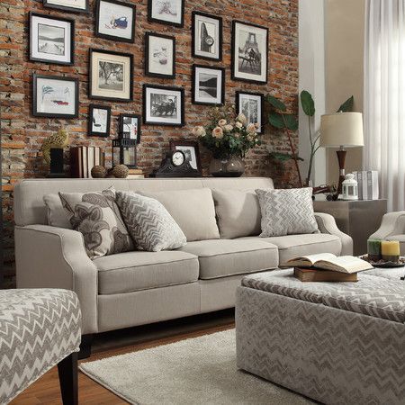 Coastal Salon, Brick Wall Interior Living Room, Living Room With Brick Wall, Brick Wall Living Room, Track Arm Sofa, Brick Wall Decor, Brick Living Room, Brick Interior Wall, Brick Interior