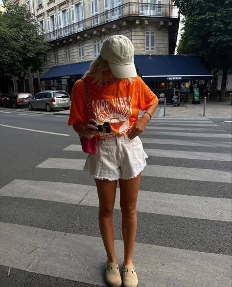 Orange T Shirt Outfit, Orange Shirt Outfit, August Aesthetic, Beach Day Outfit, Birkenstock Outfit, Tropical Weather, Orange Outfit, Orange T Shirt, Europe Outfits