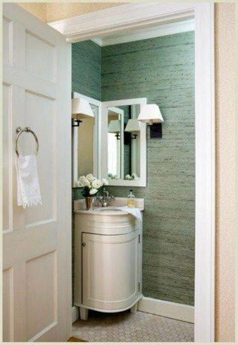 20 Beautiful Corner Vanity Designs For Your Bathroom - Housely Small Powder Room Decor, Corner Bathroom Vanity, Corner Sink Bathroom, Corner Mirror, Corner Vanity, Powder Room Vanity, Powder Room Decor, Corner Sink, Vanity Design