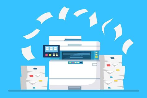 Printer, office machine with paper, document stack. Scanner, copy equipment. Paperwork. Multifunction device. Vector cartoon design Office Machine, Vector Cartoon, Logo Banners, Cityscape Photos, Marketing Design, Custom Illustration, Custom Branding, Custom Packaging, Background Banner