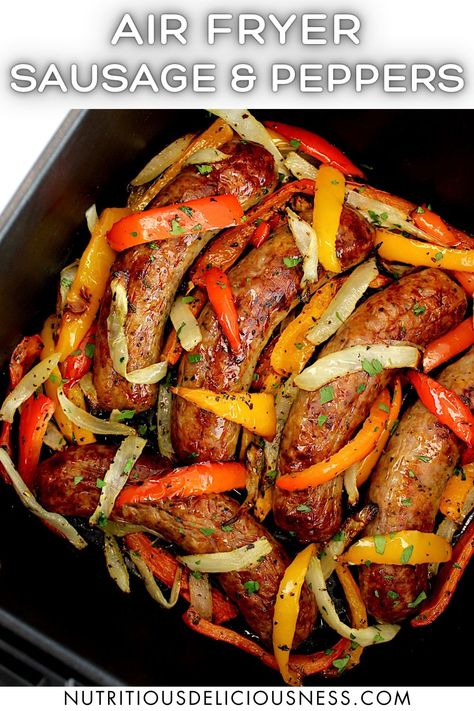 Quick and delicious, this recipe for Air Fryer Italian Sausage and Peppers is made with sweet Italian sausage and a colorful mix of peppers and onions. It's an Italian classic dish made easy, right in the air fryer. Sautéed Italian Sausage With Onions And Peppers, Italian Sausage And Peppers In Air Fryer, Onions Peppers And Sausage, Air Fryer Sausage Peppers And Onions, Italian Sausage Air Fryer Recipes, Hot Italian Sausage Link Recipes, Air Fryer Sausage And Peppers, Italian Sweet Sausage Recipes, Italian Sausage In Air Fryer