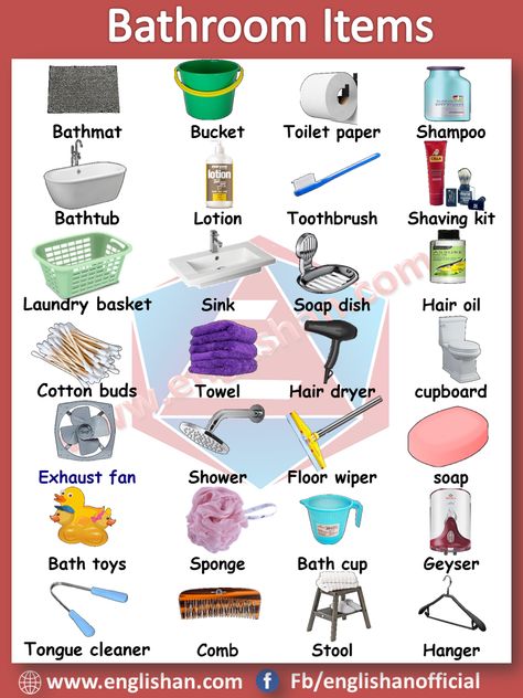 Bathroom Items Vocabulary with images and Flashcards, this lesson helpful for student and learner to improve their classroom vocabulary in English. Bathroom Vocabulary English, Bathroom Vocabulary, Classroom Vocabulary, Visual Dictionary, Learning English For Kids, English Learning Spoken, English Vocab, Kids English, Good Vocabulary Words