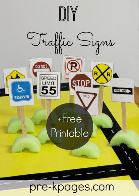 Environmental Print Traffic Signs Free Printable for #preschool Diy Road Signs For Car Play, Street Sign Activities For Preschool, Construction Block Area Preschool, Transportation Week Preschool Activities, Creative Curriculum Signs Study Activities, Road Safety Preschool, Preschool Block Center Ideas, Block Area Ideas Preschool, Traffic Signs For Kids Activities