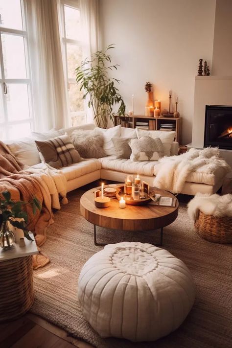 Cozy Bright Living Room, Warm Interior Design Cozy Living Rooms, Cozy Lighting Living Room, Cottage Lounge, Sectional Living Room, Cosy House, Cosy Living Room, Boho Living, Cozy Apartment