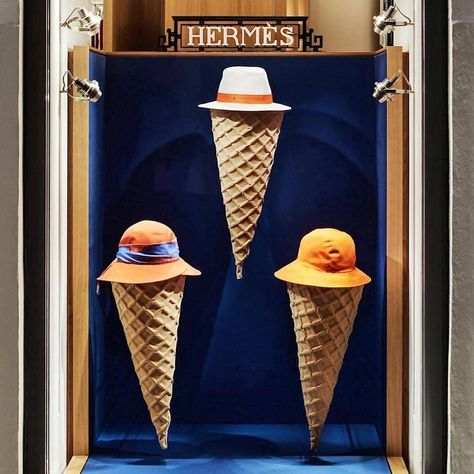 We all scream for ice cream @Hermes #windowdisplay #visualmerchandising #icecream #hermes #icecreamcone #visualmerchandiser #vmlife #vmdaily via @giorgiarusso29 Hermes Display, Hermes Window Display, Surrealist Artists, Hermes Window, Summer Window Display, Hermes Store, Happy Show, Ordinary Objects, Summer Window