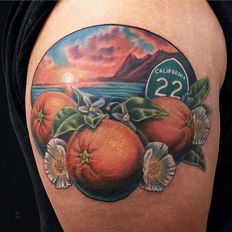 First tattoo , Orange County themed done by @Marc Durrant at MD tattoo studio in… Orange County Tattoo, California Tattoo Ideas, County Tattoo, Watercolor Tattoo Artists, Star Tattoo Meaning, Men's Tattoo, Japanese Tattoo Artist, Fruit Tattoo, White Ink Tattoo