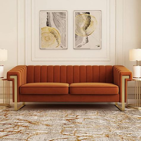 Amazon.com: Orange Velvet Couch Sofa, 84 Wide Mid-Century Modern Love Seat Tufted Chesterfield Velvet Sofa Loveseat Futon with Curved Arm Gold Leg, 3 Seat Large Comfy Couches Sofas for Livingroom (Orange) : Home & Kitchen Orange Sofa, Sofa Wall, Corner Sofa Design, Modern Sofa Living Room, Unique Sofas, Modern Sofa Designs, Modern Loveseat, Corner Sofa Set, Canapé Design