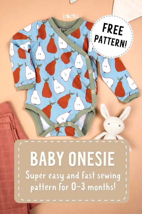 Sewing this onesie is way faster than you would think. Add some harem pants and you have a cute little outfit. This pdf pattern contains several onesie variations: fabric bound edges, ribbing, round neck, button placket, summer onesie etc. I hope you will have fun trying out all of them. Get your free pattern here! #lybstessewingpatterns #babyonesie #sewing #freepattern Diy Newborn Onesie, Newborn Clothes Patterns, Sewing Newborn Clothes, Onsie Patterns Free, Newborn Patterns Sewing, Sewing For Newborns, Free Infant Sewing Patterns, Newborn Sewing Patterns Free, Baby Onesie Sewing Pattern