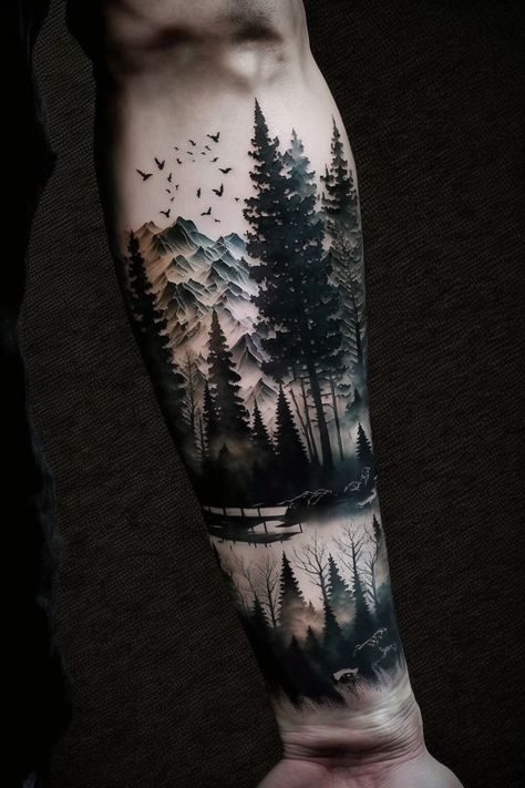 Two Ravens Tattoo, Fire Tatoos, Forest Forearm Tattoo, Natur Tattoo Arm, Wilderness Tattoo, Rabe Tattoo, Beard Trend, Tattoo Band, Nature Tattoo Sleeve