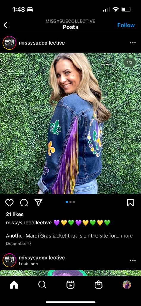 Diy Mardi Gras Outfit, Diy Mardi Gras Pants, Mardi Gras Painted Jeans, Mardi Gras Blue Jean Jacket, Mardi Gras Jacket Diy, Mardi Gras Pants Painted, Mardi Gras Jean Jacket Painted, Painted Mardi Gras Jacket, Painted Denim Jacket Lsu