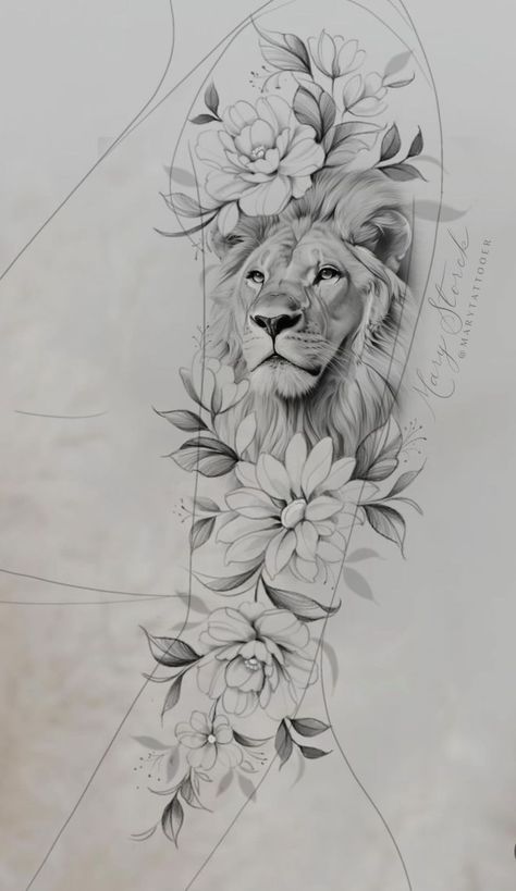 Lion And Flowers Tattoo Design, Lion Tattoo With Flowers, Lions Tattoo, Lion Sleeve, Tattoo Avant Bras, Lioness Tattoo Design, Jin Jang, Flores Tattoo, Tier Tattoo