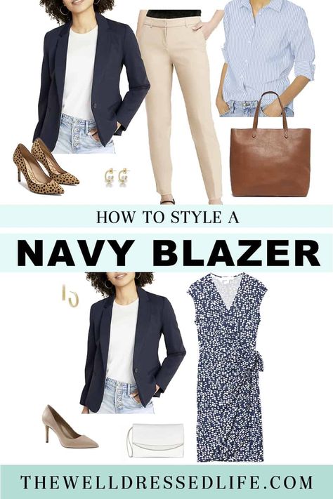 How To Style Navy Blazers Women, Styling Navy Blue Blazer Women, How To Wear A Navy Blazer Women, What To Wear With A Navy Blazer, How To Style A Navy Blazer, Navy Blazer Outfit Women Work, Navy Blazer Outfit Women, Navy Blazer Outfit, Linen Blazer Outfit Women