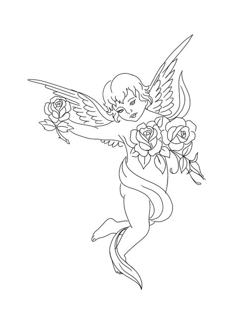 Angel And Flower Tattoo, Cupid Angel Drawing, Cherub And Flowers Tattoo, Angel Holding A Rose Tattoo, Cherub Flower Tattoo, Flower Angel Tattoo, Cherub With Flowers Tattoo, Pretty Angel Tattoo, Angel And Flowers Tattoo