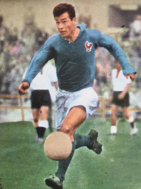 Just Fontaine of France in action at the 1958 World Cup Finals. 1958 World Cup, Just Fontaine, World Cup Final, Retro Football, Fifa, World Cup, Soccer, Football, Baseball Cards