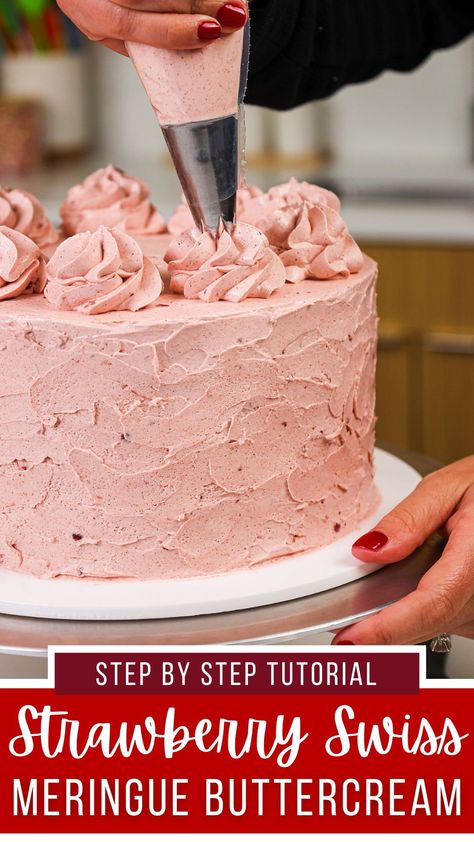 Strawberry Swiss Meringue Buttercream, Strawberry Layer Cake, Meringue Icing, Strawberry Layer Cakes, Strawberry Meringue, Strawberry Buttercream Frosting, Easy Cakes, Frosting Recipes Easy, Golden Cake