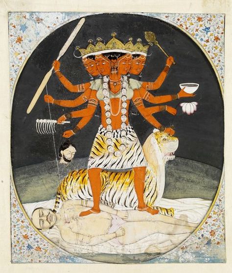 Painting, in opaque watercolour on paper, the goddess Kali standing on a prostrate body of Shiva. Kali is red with four visible heads, and wears a tiger skin. Behind, is a tiger seated. Place of Origin Punjab Hills, India (Pahari, made) Date ca. 1850 Kali Tattoo, Arte Occulta, Mother Kali, Kali Ma, Kali Mata, Little Buddha, Indian Painting, Kali Goddess, Mother Goddess