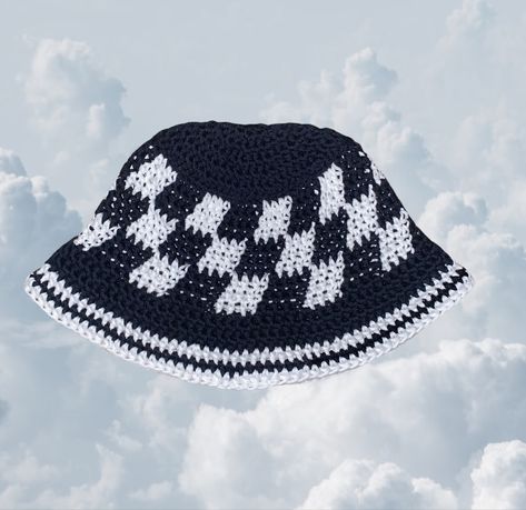 cotton crochet bucket hat, black and white checkers, crochet hat Black And White Crochet Bucket Hat, Crochet Bucket Hat Black, White Crochet Bucket Hat, Crochet Bucket Hat Free Pattern, Easy Crochet Bucket Hat, Black And White Crochet, Flower Bucket Hat, Crochet Ruffle, Crochet Bucket