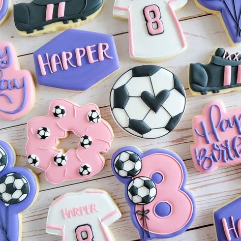 Soccer Cookies Royal Icing, Girls Soccer Theme Birthday Party, Soccer Cakes, Soccer Cookies, Cookie Sets, Soccer Cake, Soccer Birthday Parties, Sport Cakes, Soccer Birthday