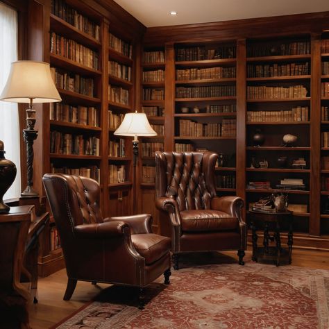 ⚠️LINK IN BIO⚠️ A sophisticated classic-style home library with floor-to-ceiling bookshelves, rich wooden hues, and a comfortable leather armchair. #HomeLibrary #ClassicStyle #Bookshelves #Wood #LeatherArmchair Old Fashioned Library Room, Dark Wood Built In Bookshelves, Big Library In House, Classic Home Library Design, Colonial Library, Cabin Library, Bookshelves Wood, Dark Wood Interior, Log Cabin Mansions