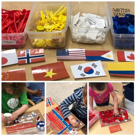 Loose Parts Art - Flag Mosaics Flags Around The World, Loose Part, Preschool Art Activities, Loose Parts, Cultural Activities, My Class, February 19, Process Art, Preschool Art