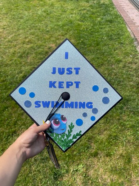 Just Keep Swimming Grad Cap, Finding Nemo Graduation Cap, Nemo Graduation Cap, Dory Graduation Cap, 2023 Graduation Cap, Nemo Dory, Graduation Cap Decoration Diy, Senior Szn, College Graduation Cap Decoration