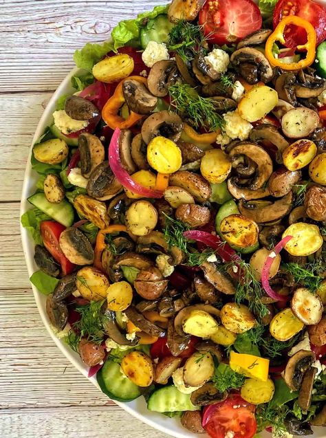 Mushroom Salad Recipe, Roasted Mini Potatoes, Creamy Balsamic Vinaigrette, Creamy Balsamic Dressing, Tofu Feta, Salad Menu, Roasted Baby Potatoes, Bbq Salads, Vegan Worcestershire Sauce