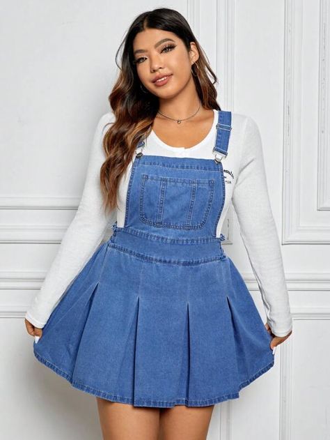 SHEIN EZwear Plus Patched Pocket Pleated Hem Overall Denim Dress Without Tee for Sale Australia| New Collection Online| SHEIN Australia Overall Denim Dress, Denim Pinafore, Overall Skirt, Plus Size Denim, Denim Dresses, Denim Overall Dress, Jeans Diy, Classy Casual, Cute Simple Outfits