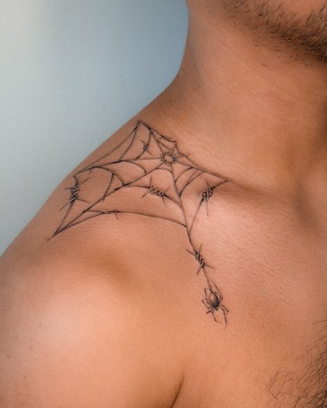 Freehand barbed wire web.🕸️ For tattoo appointments, visit WWW.KANENAVASARD.COM #tattooartist #singleneedle #singleneedletattoo #fineline #losangeles #whittier #forthesinners #kanenavasard Barbed Wire Collarbone Tattoo, Barb Wire Tattoo Men, Barbed Wire Tattoo For Women, Barb Wire Tattoo, Barbed Wire Tattoo, Wire Tattoo, Barbed Wire Tattoos, Single Needle Tattoo, Barb Wire