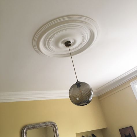 Our Ring & Disc ceiling rose looking fabulous against original cornice in this Georgian Villa Townhouse. It supports the style of this globe pendant light and has a simple elegance. Ceiling Rose Lighting Ideas, Lights To Go With Ceiling Rose, Modern Ceiling Rose, Lights For Ceiling Rose, Georgian Ceiling Rose, Art Deco Ceiling Rose, Hallway Ceiling, Plaster Ceiling Design, New Ceiling Design