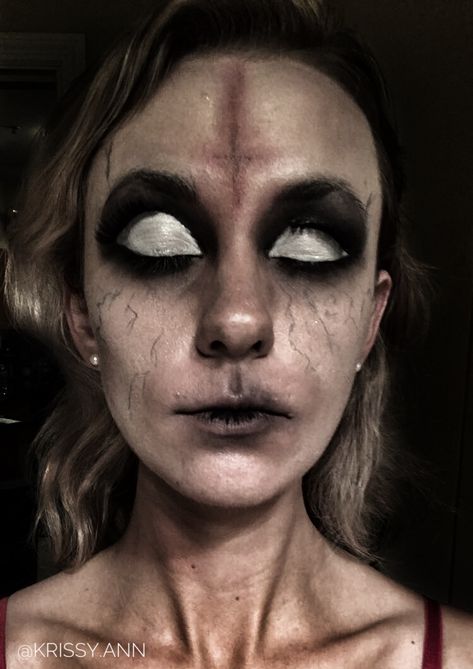 Demon Halloween makeup. #halloween Demon Eye Makeup Halloween, Possessed Makeup Halloween, Cute Demon Makeup, Possessed Costume, Posessed Makeup, Possession Makeup, Dead Eyes Makeup, Halloween Demon Makeup, Demonic Makeup