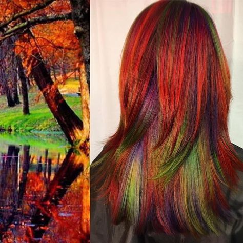 Nature Inspired Hair Color, Autumn Vivid Hair, Autumn Leaves Hair Color, Fall Leaf Hair Color, Nature Inspired Hair, Autumn Rainbow Hair, Fall Leaves Hair Color, Fall Fantasy Hair Color, Autumn Hair Dye