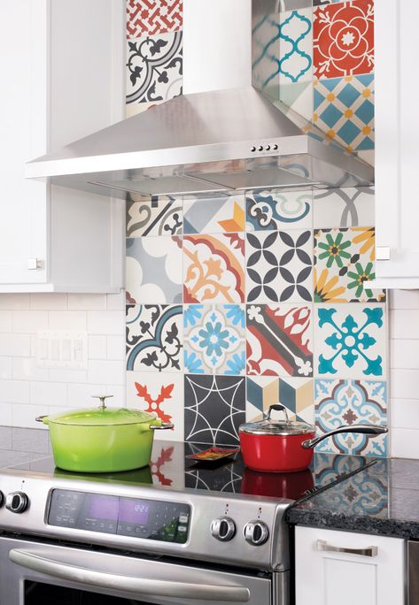 Colorful Kitchen Backsplash, Patchwork Kitchen, Trendy Kitchen Tile, Trendy Kitchen Backsplash, Colorful Tiles, Cement Tile Shop, Patchwork Tiles, Gorgeous Kitchens, Kitchen Tile