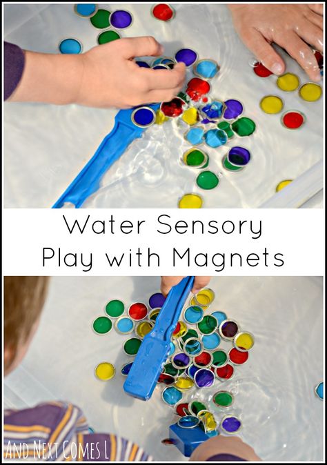 Simple colorful sensory bin play for kids using water and magnets from And Next Comes L Water Sensory Bin, Water Sensory Play, Sensory Bin Play, Magnet Activities, Art Math, Sensory Tubs, Sensory Tub, Play For Kids, Sensory Boxes