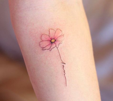 Cosmo Flower Tattoo, Flower Tattoo Meaning, Watermelon Tattoo, Cosmo Flower, Small Watercolor Tattoo, Marigold Tattoo, Cosmos Tattoo, Flower Tattoo Meanings, Rose Tattoos For Men