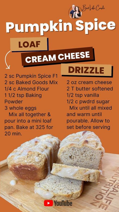 Pumpkin Spice Loaf, Spice Loaf, Cream Cheese Drizzle, Herbalife Tips, Herbalife Diet, Herbalife Protein, Pumpkin Spice Bread, Herbalife Shake Recipes, Protein Baking