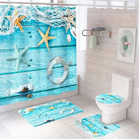 PRICES MAY VARY. 【ELEGANT DESIGN】nautical theme bathroom decor, advanced 3D shower curtain printing technology, the beach theme shower bathroom curtain image clearly, make your bathroom more fresh and have a new look. 【PREMIUM MATERIAL】Nautical shower curtains for bathroom is made of polyester fabric, has a good waterproof effect, the Non-Slip Rugs set ​is made of flannel, which is comfy, non-toxic and do not fade, skin soft - esp waterproof and durable washable. 【SIZES INFORMATION】Coastal showe Nautical Shower Curtain, Ocean Shower Curtain, Kids Bathroom Accessories, Bilik Air, Bathroom Shower Curtain Sets, Themed Bathroom, Bathroom Decor Sets, Decor Baie, Bathroom Floor Mat